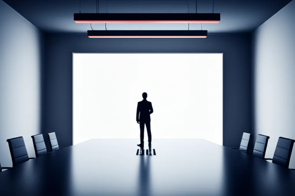 年金増額2026年、高所得者の手取りはどう変わるか - モダンなオフィスの会議室でホワイトボードに向かって立つビジネスパーソンのシルエット