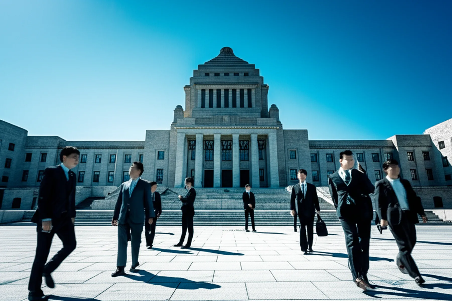 社会保障国民会議が示す2027年介護報酬改定と高所得者の負担増対策 - 国会議事堂前の広場と青空、スーツ姿の人々が行き交うシーン