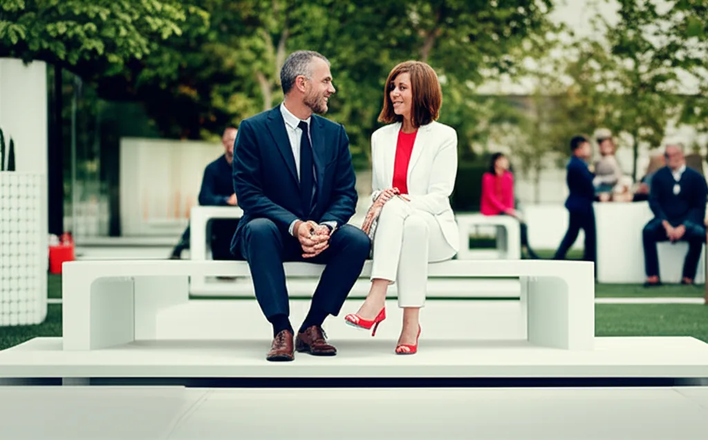 社会保障国民会議が示す2027年介護報酬改定と高所得者の負担増対策 - 緑豊かな公園のベンチで家族と談笑する中年夫婦のシーン