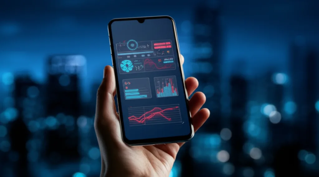 社会保障国民会議が示す2027年介護報酬改定と高所得者の負担増対策 - 都市の夜景を背景にスマートフォンで資産管理アプリを操作する手元のシーン