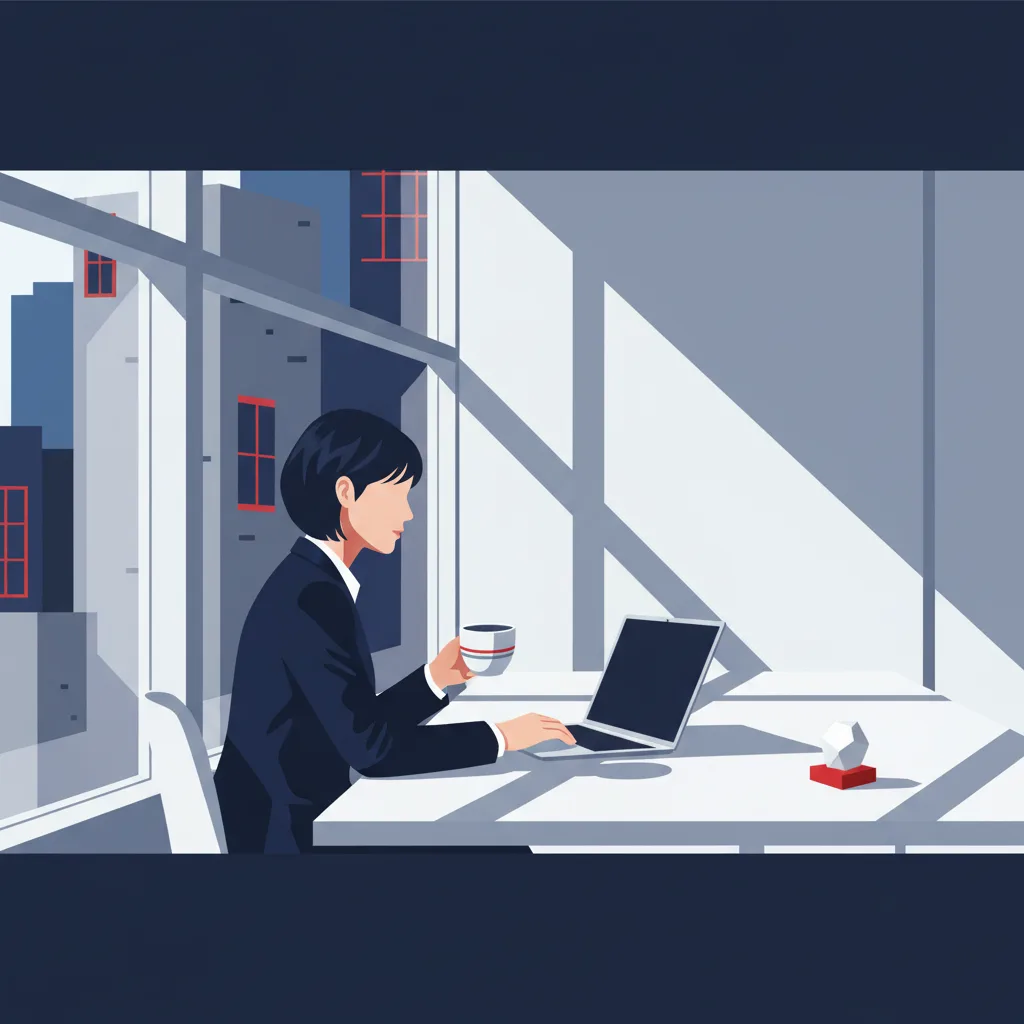 一人社長の節税と法人活用｜会社員が知るべき仕組みと実践 - 窓際のワークスペースでコーヒーを手にノートパソコンに向かう人物の横顔