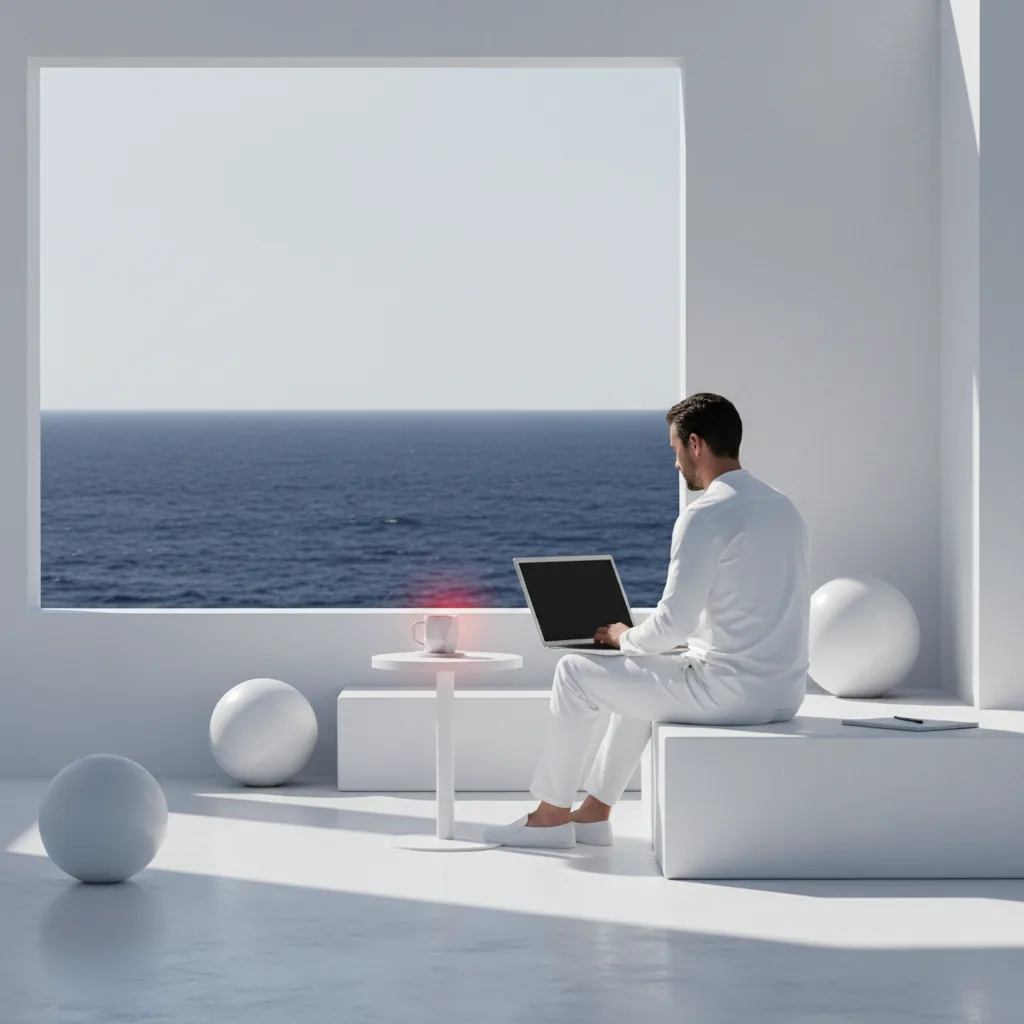 株の確定申告で社会保険料が増える？節税の判断基準と対策 - 海辺のテラスでノートPCを開きながらリラックスした服装で作業する男性