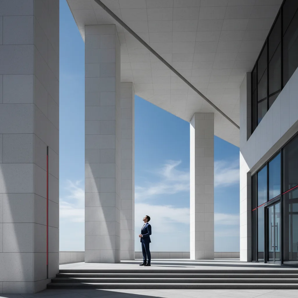 株の確定申告で社会保険料が増える？節税の判断基準と対策 - オフィスビルのエントランスを出て青空を見上げるスーツ姿のビジネスパーソン