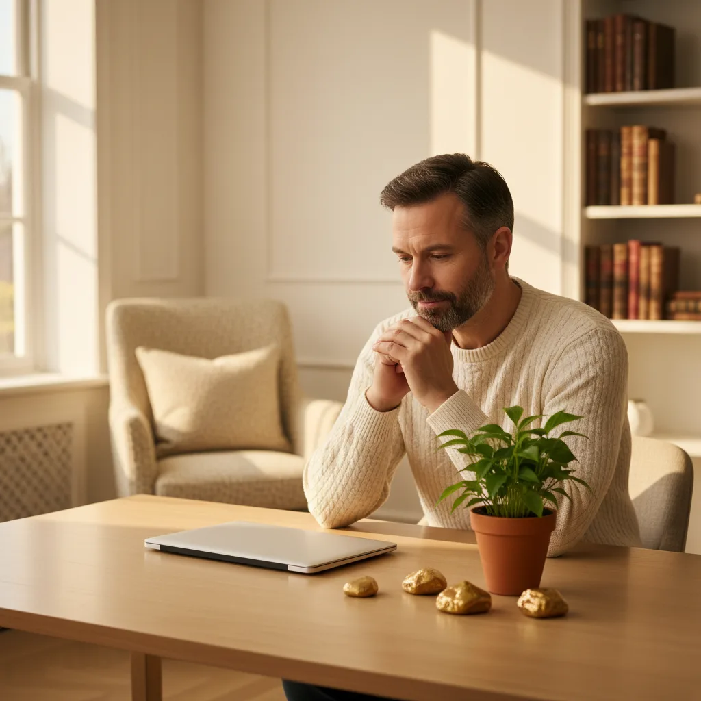 相続税対策の本質｜会社員が今から備える資産防衛の仕組み - 書斎のデスクで電卓とノートパソコンを前に考え込む40代の男性