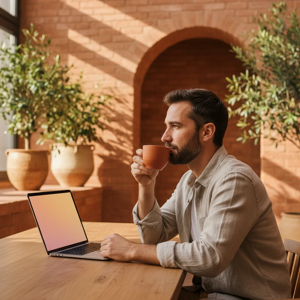 副業で資産形成する人が失速する「設計の誤り」とは - 朝のカフェテラスで、ノートPCを開きながらコーヒーを飲むリラックスしたビジネスパーソンの横顔