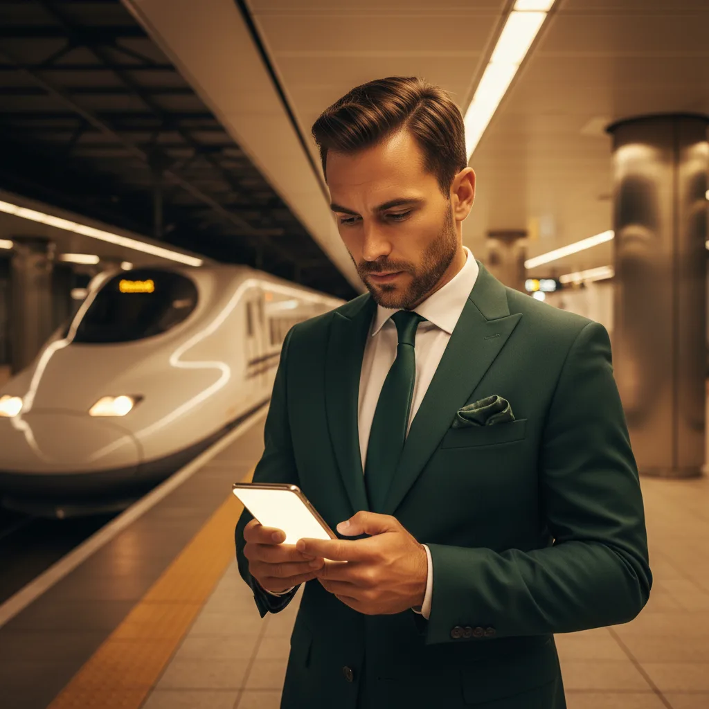資産1億円を会社員が狙える理由──与信力という設計図 - 地下鉄のホームでスマートフォン画面を見つめるスーツ姿のビジネスマン。背景には動きのある列車のシルエッ