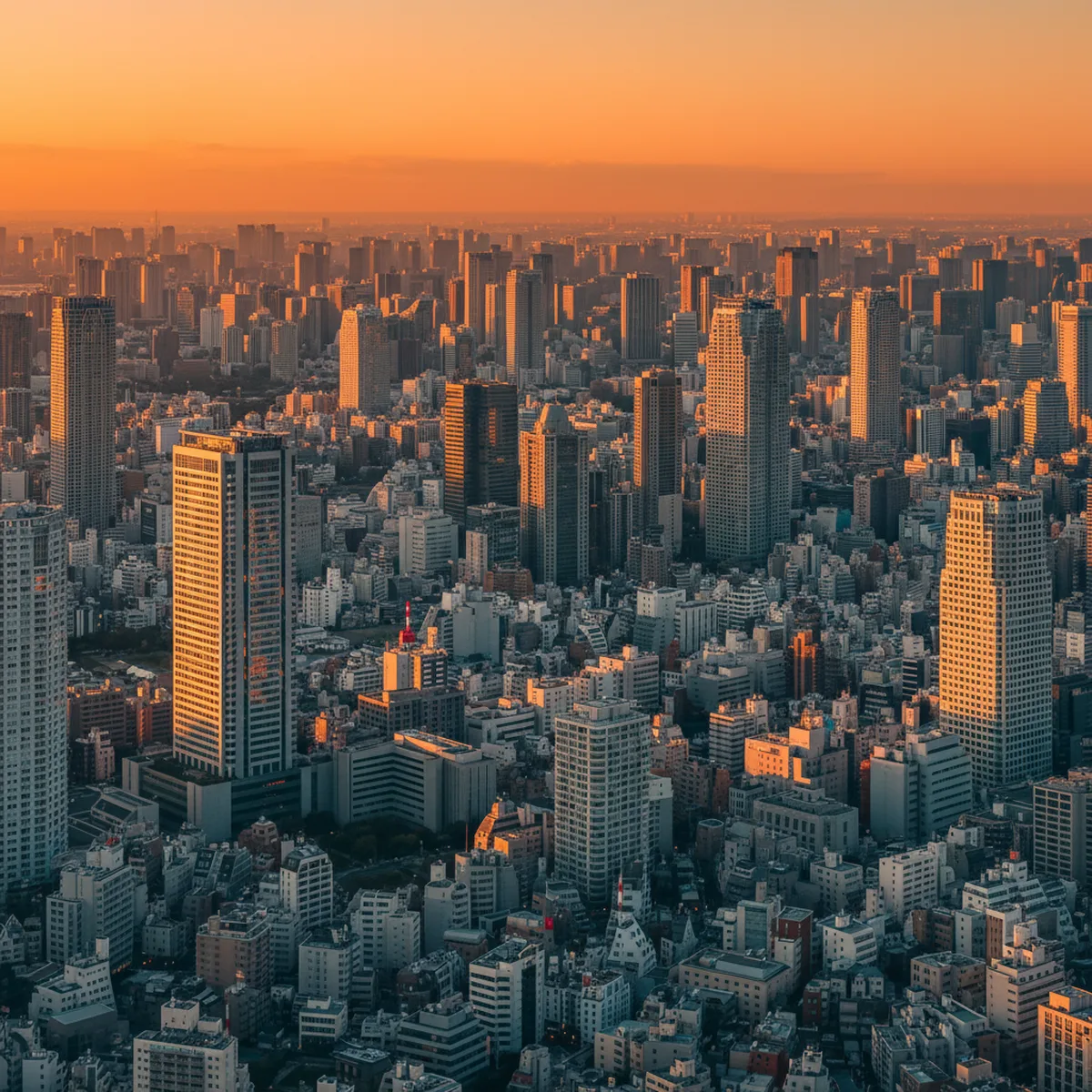 不動産投資の将来性を数字で読む｜2034年市場拡大と与信活用の本質 - 夕暮れの東京都心、高層マンション群がオレンジ色の空を背景に立ち並ぶ遠景