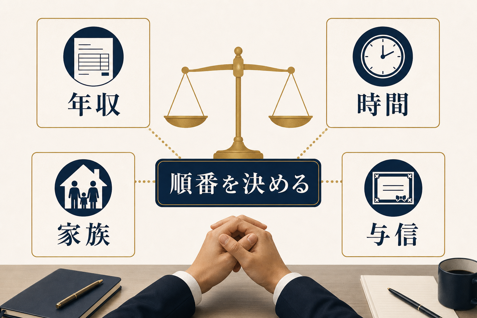 アイキャッチ: 年収・時間・家族・与信の4枚のカードを天秤に並べ、会社員が真ん中で見比べているコンセプトビジュアル