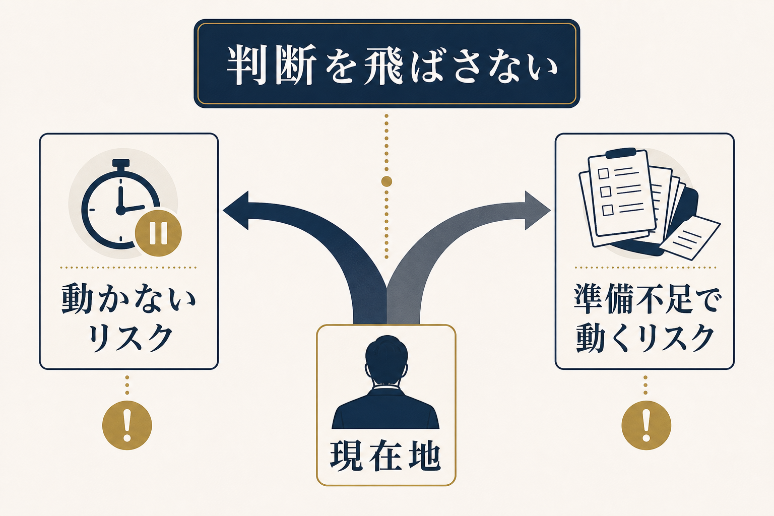 図解1: 「動かないリスク」と「準備不足で動くリスク」を左右に対置した二択の分岐図
