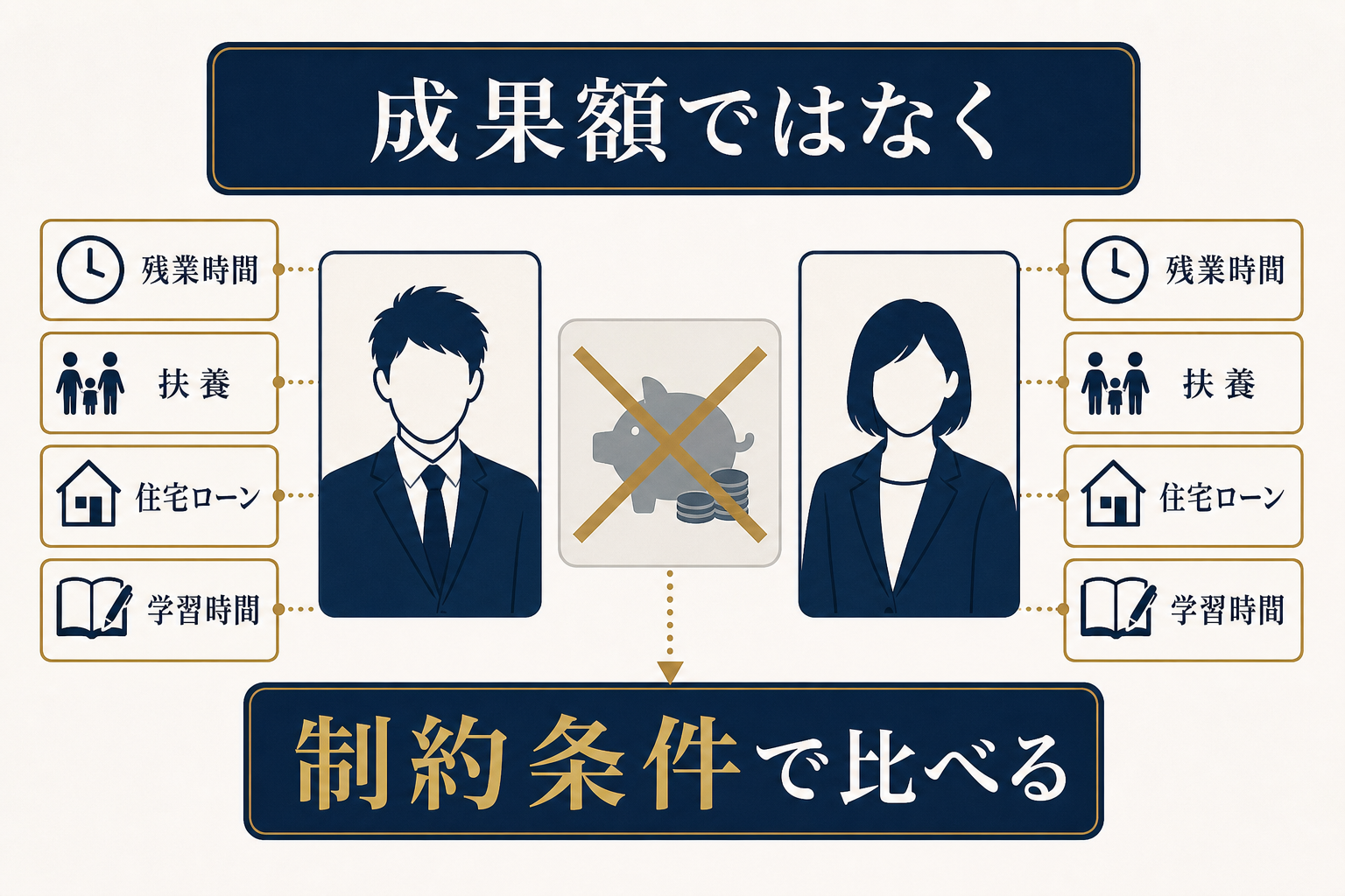 図解5: 2人の会社員を「成果額」ではなく「制約条件カード」で並べて比較する対照ビジュアル