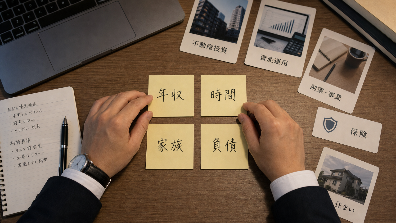 アイキャッチ: スーツ姿の会社員が机の上に「年収」「時間」「家族」「負債」と書いた4枚の付箋を並べ、複数の選択肢の前で腕を組んで考えているイメージ