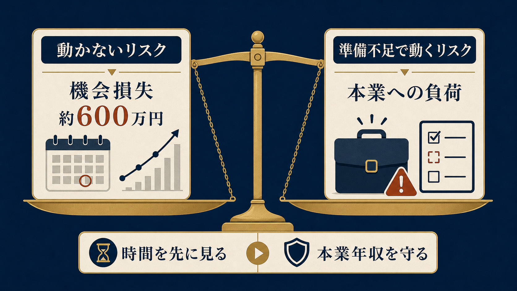 図解1: 「動かないリスク(機会損失・約600万円)」と「準備不足で動くリスク(本業毀損)」を天秤の左右に乗せた図解