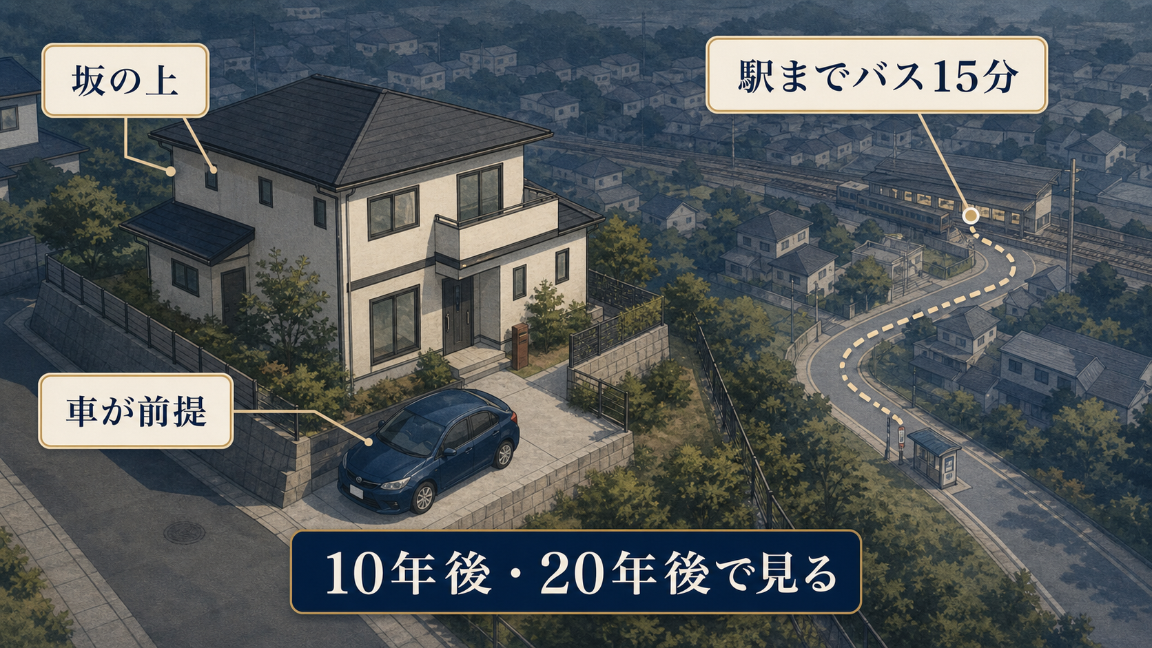 図解2: 坂の上の郊外一戸建てと、その前に停められた1台の車。遠景に駅とバス停を小さく配置し「駅までバス15分」のラベルを添えた俯瞰イメージ