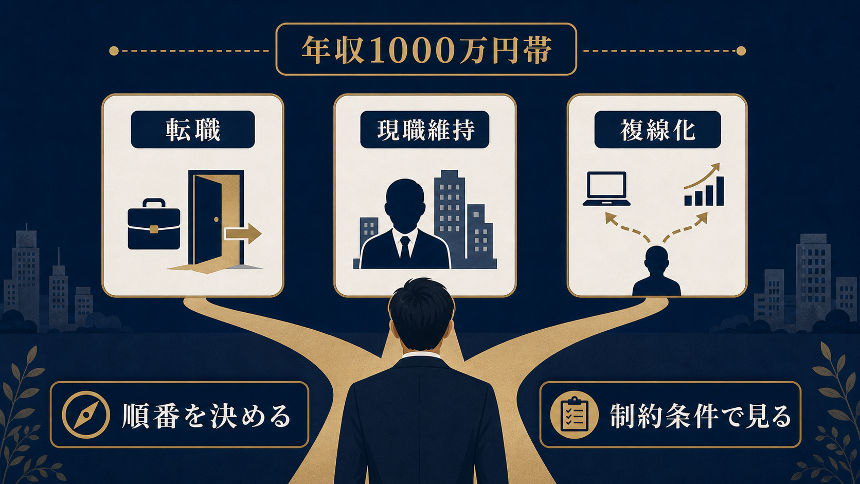 アイキャッチ: 年収1000万円帯の会社員が、転職・現職維持・複線化という3つの分かれ道の前に立ち、それぞれの道の先を見比べている俯瞰イラスト