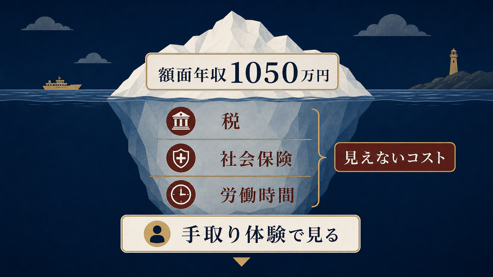 図解1: 額面年収1050万円という大きな数字の裏に、税・社会保険・労働時間という見えないコストが隠れていることを示すアイスバーグ図