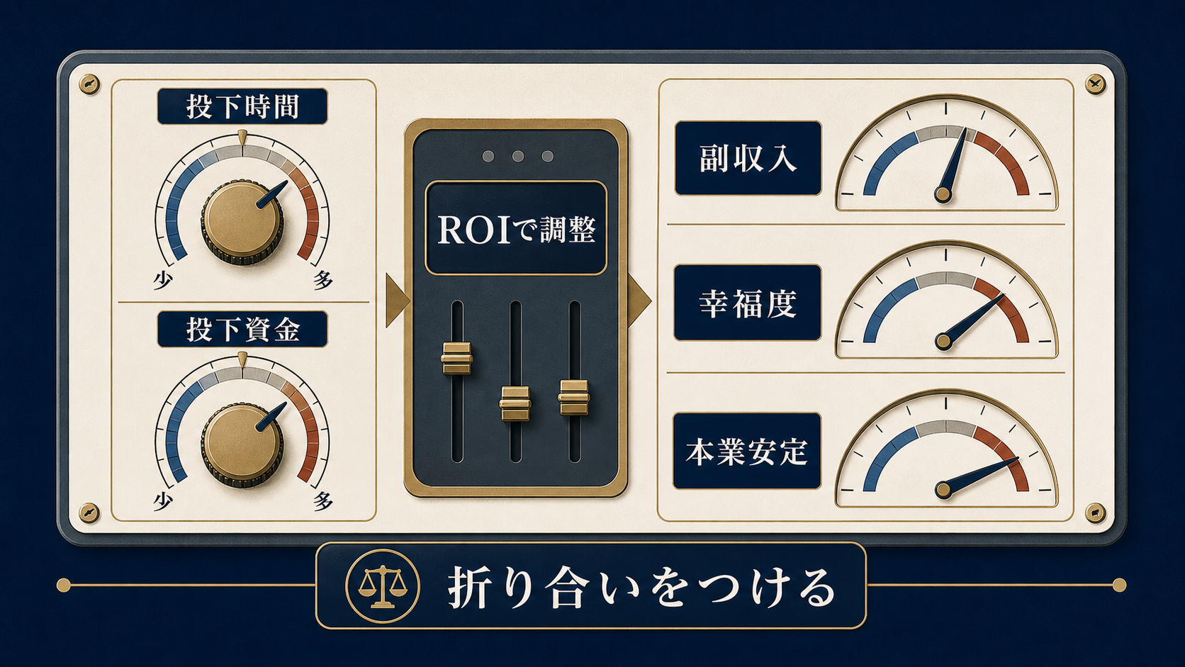 図解5: 投下時間・投下資金を入力、副収入・幸福度・本業安定を出力とするROIの計算盤を、人物が調整しているイメージ