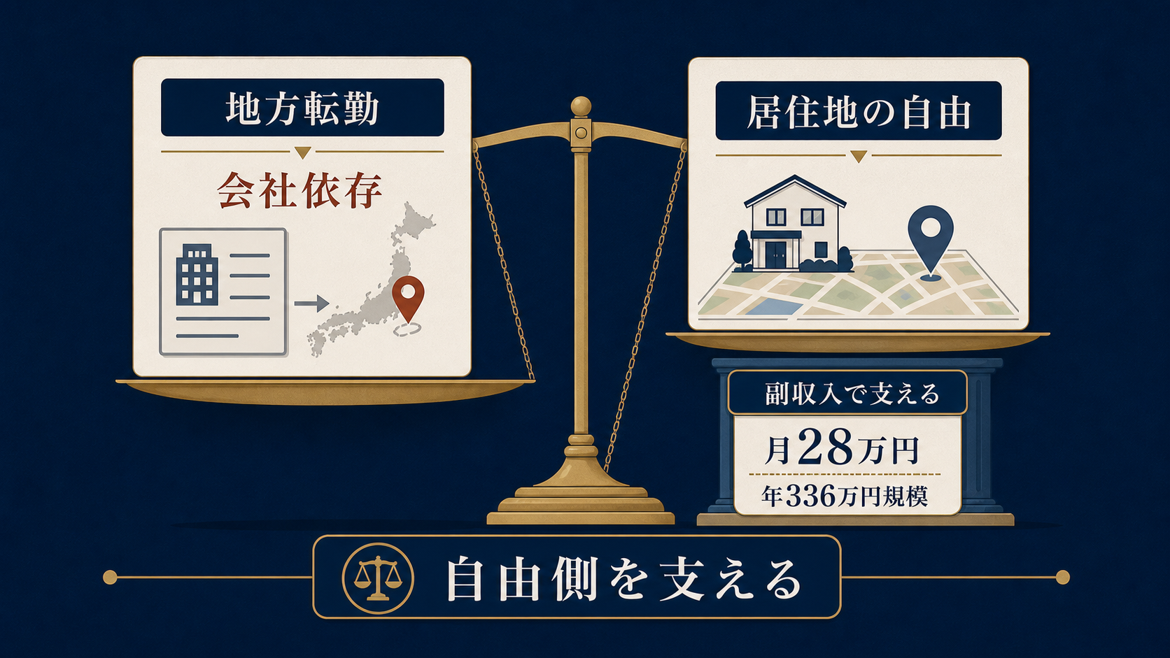 図解6: 地方転勤の辞令と、居住地を自分で選べる自由とを天秤にかけ、副収入が自由側の皿を支えている構図