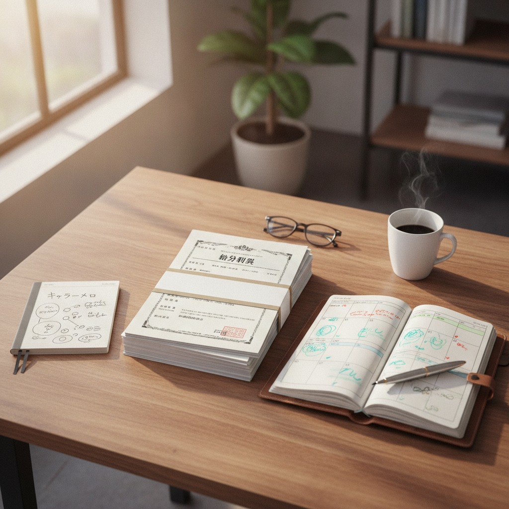 アイキャッチ: 高年収会社員が副業を検討している場面——デスクの上にノートPCと手帳、年収・時間・家族状況を書き出しているイメージ