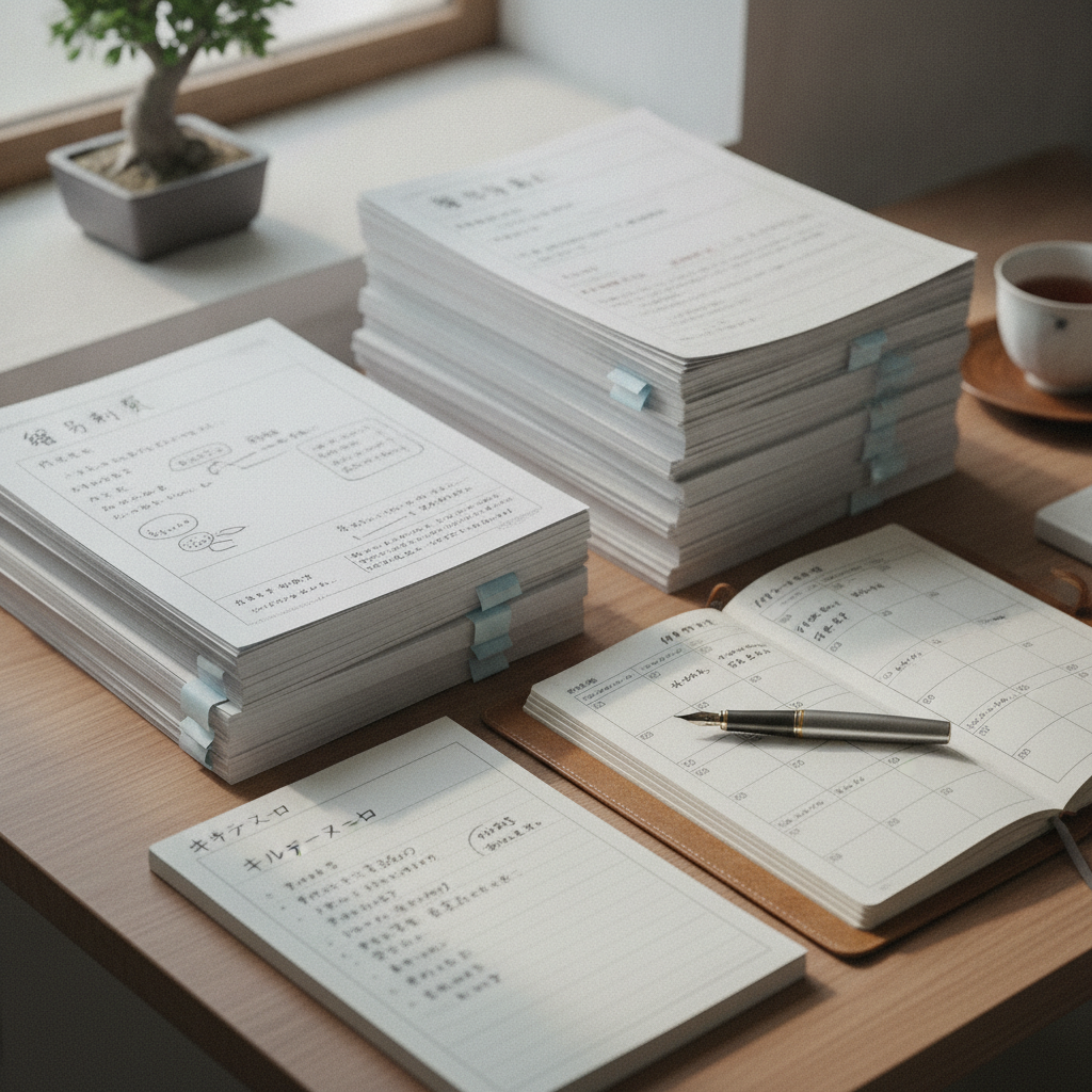 アイキャッチ: 高所得会社員が机の上で「海外輸出」「不動産コース」の2枚のカードを見比べ、年収・時間・家族という3つの天秤の前で考え込むコンセプトビジュアル