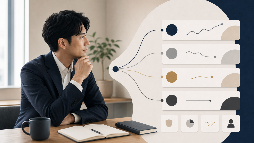 アイキャッチ: 4本の選択肢（海外輸出・不動産コース・現物の目利き投資・金融商品の積立）を縦軸リターン・横軸本業負荷で並べた比較マップの俯瞰図