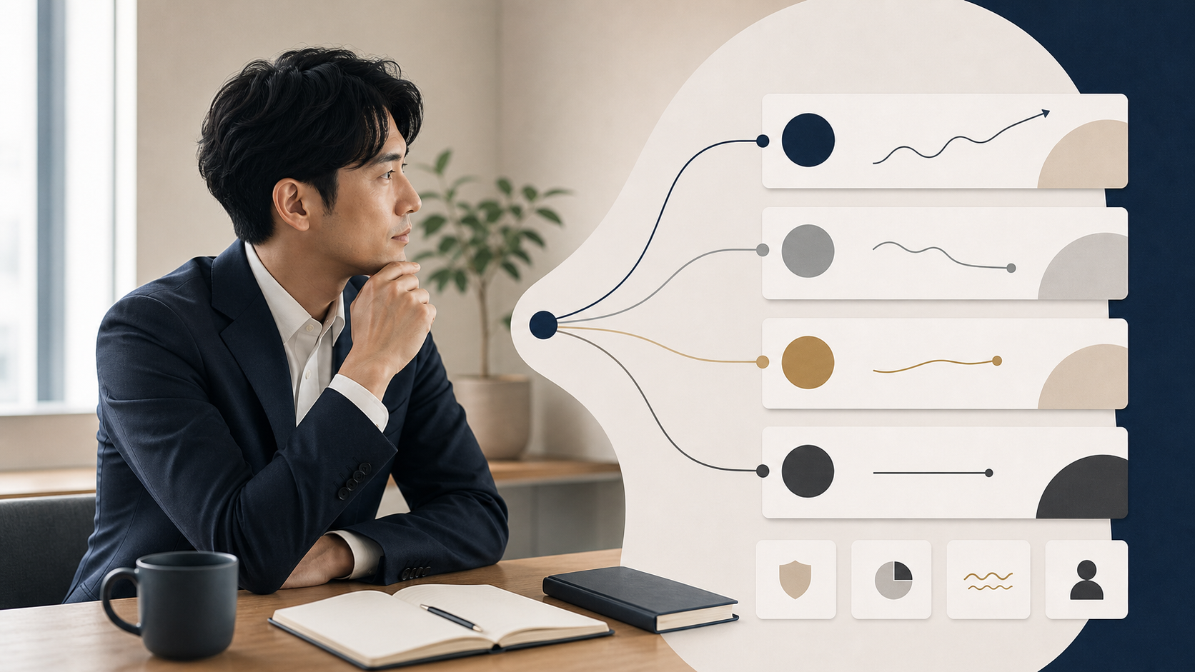 アイキャッチ: 4本の選択肢（海外輸出・不動産コース・現物の目利き投資・金融商品の積立）を縦軸リターン・横軸本業負荷で並べた比較マップの俯瞰図
