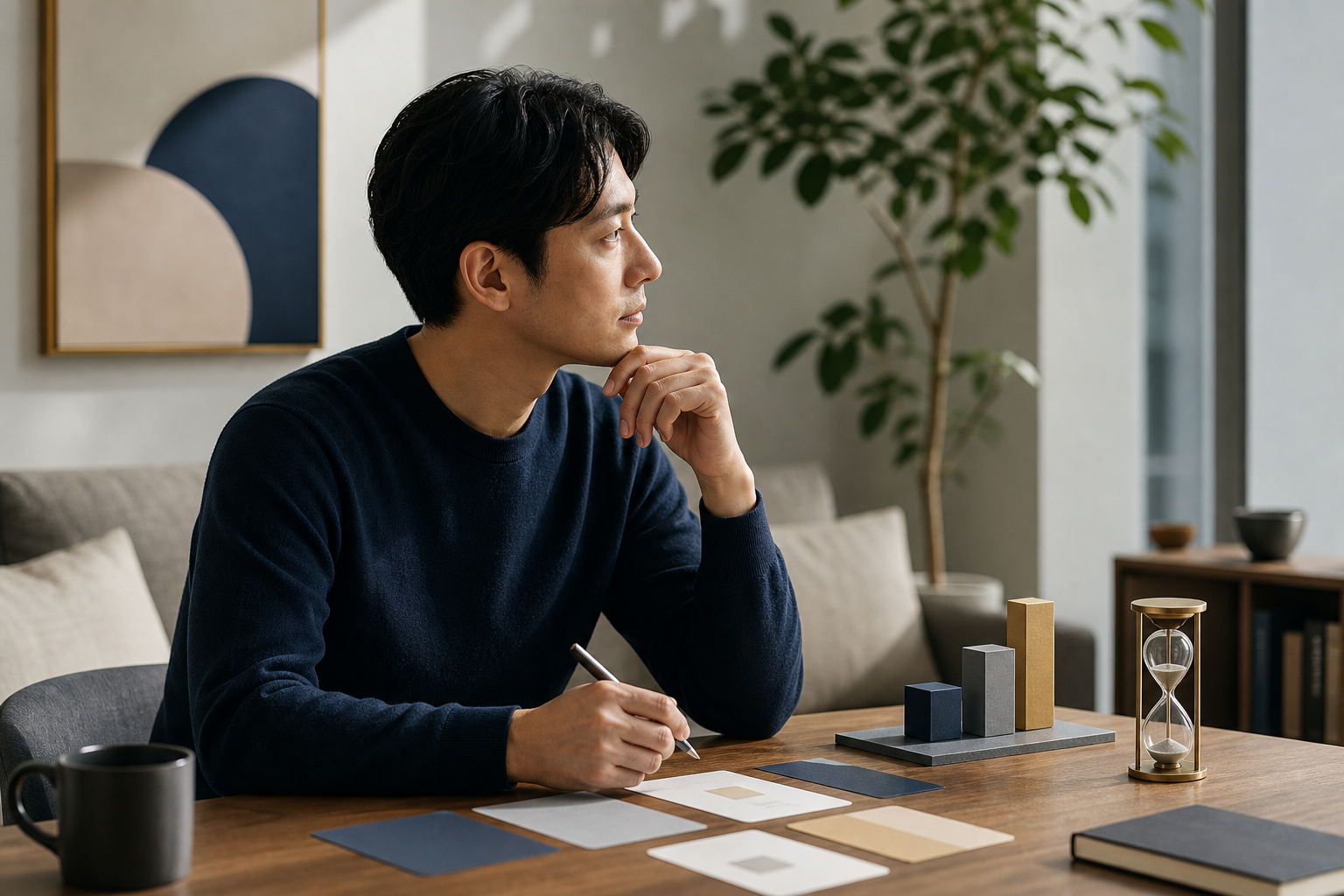 図解6: 横軸を時間（0カ月・6カ月・3年）、縦軸を選択肢として、今すぐ／相談後／保留を色分けした意思決定マップ