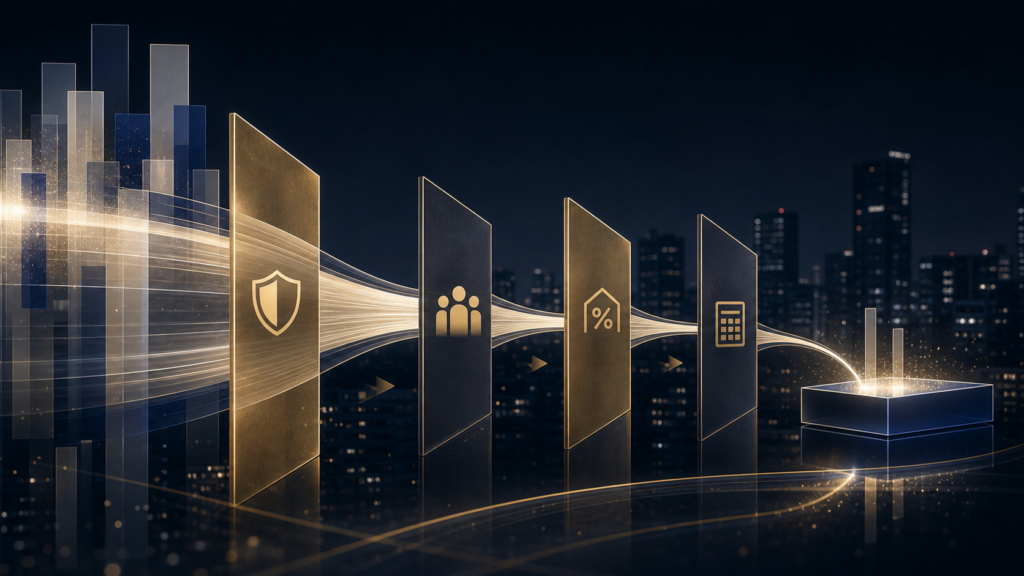 アイキャッチ: 税・社会保険・金利・控除のゲートを通って手取りが細る構造を示す抽象ビジュアル