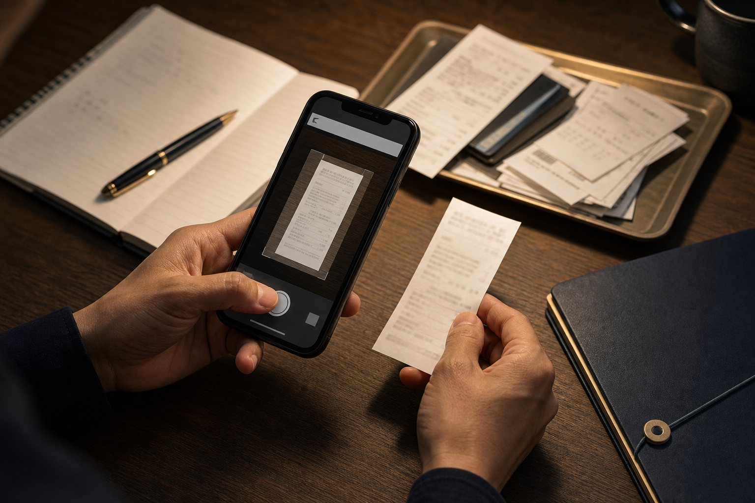 図解3: スマホの家計アプリに領収書を撮影して即記録する手元のクローズアップ