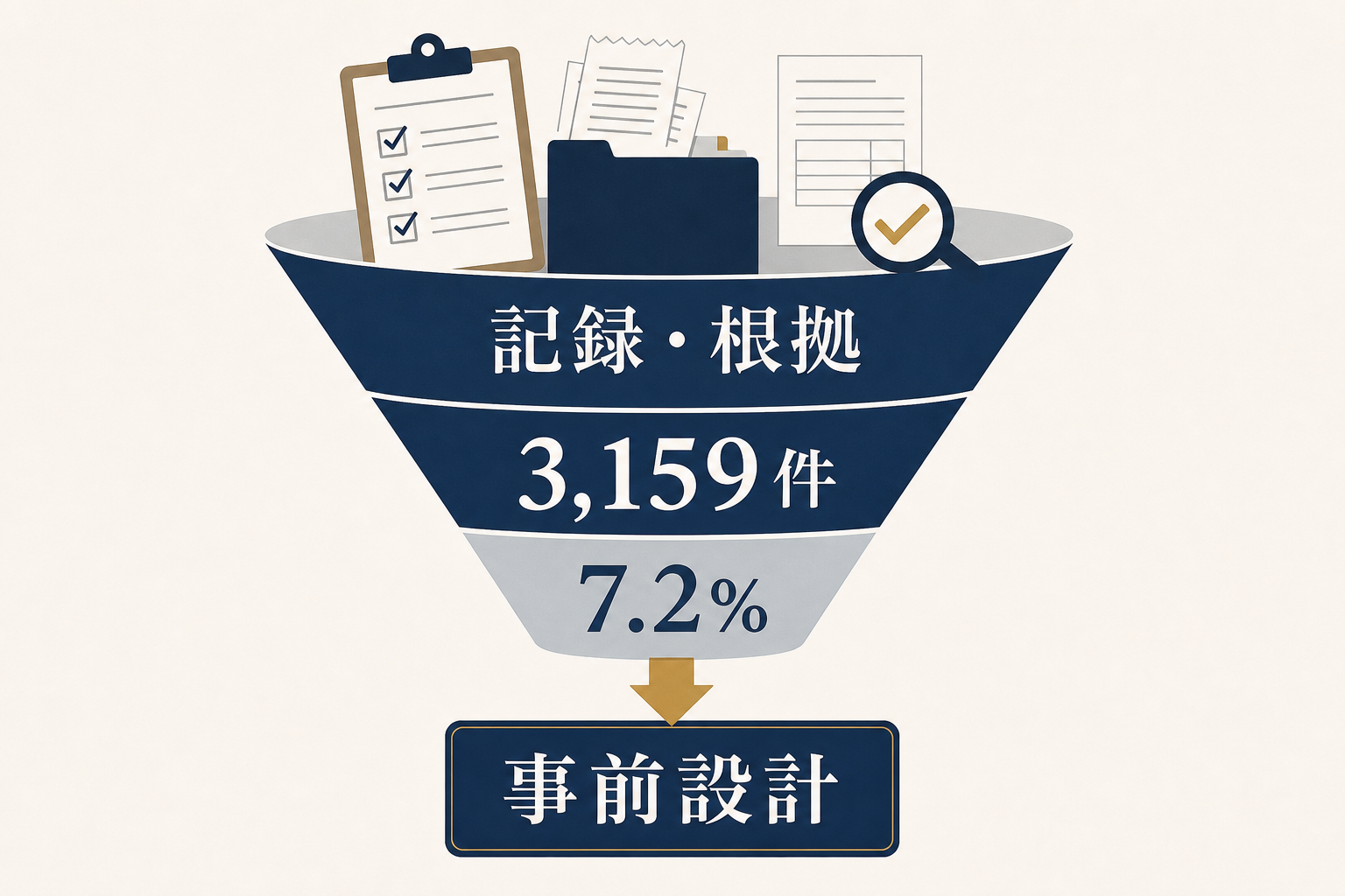 図解4: 「3,159件 → 認容7.2%」を漏斗(ファネル)で表現し、入口の「記録・根拠」を強調した図解