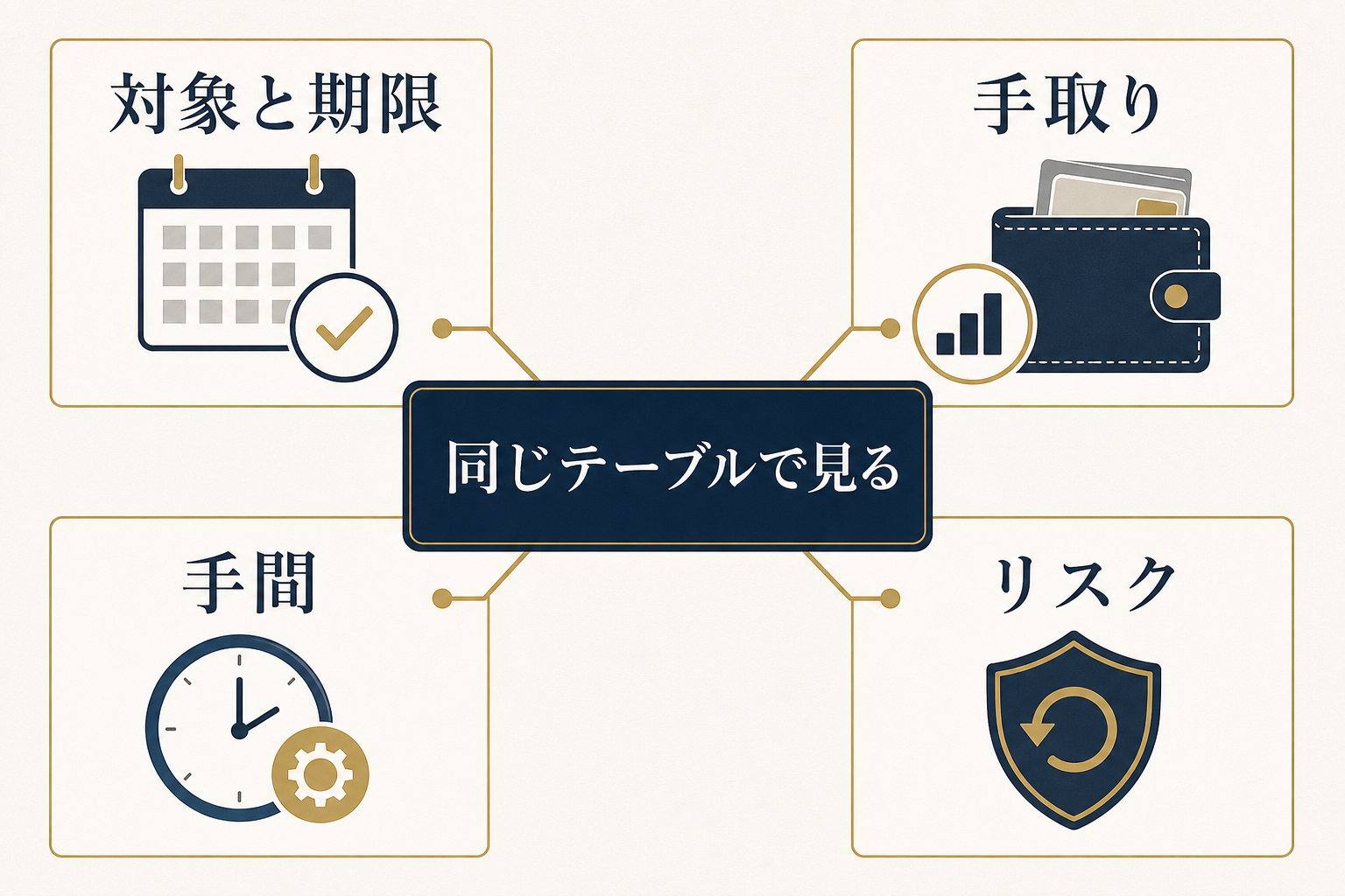 図解5: 4枚のカード(対象・手取り・手間・リスク)に同じ制度を通して採点する比較ボード
