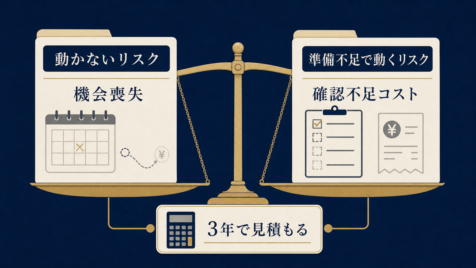 図解1: 「動かないリスク（機会喪失）」と「準備不足で動くリスク（確認不足コスト）」を天秤にかけた図解