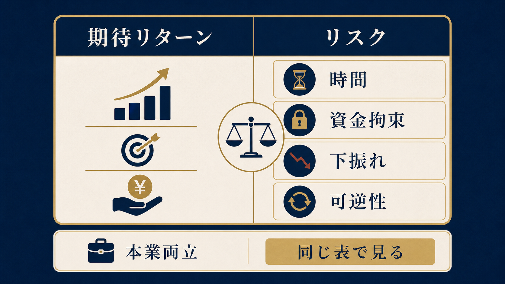 図解4: 期待リターンとリスク（時間・資金拘束・下振れ・可逆性）を1枚に並べた比較マトリクス