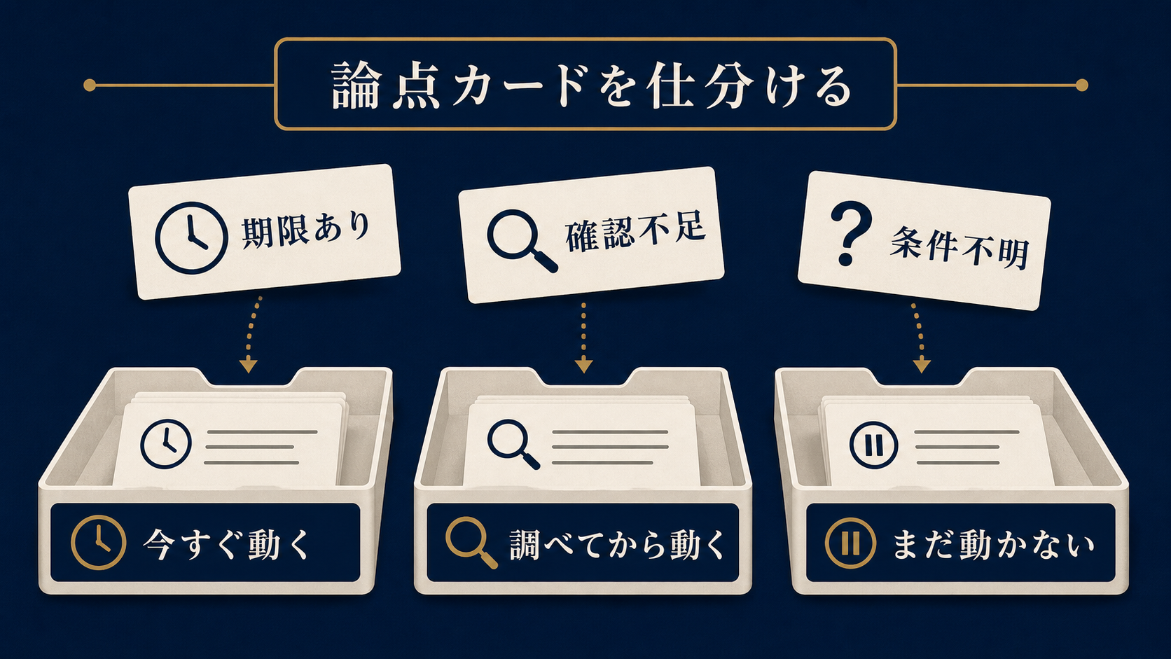 図解5: 「今すぐ動く・調べてから動く・まだ動かない」の3つのトレイに論点カードを仕分けるイメージ