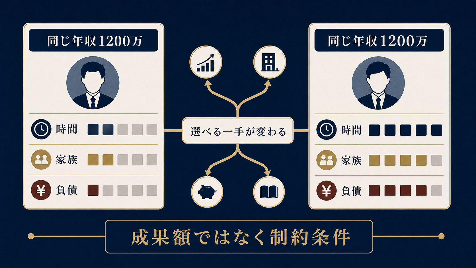 図解6: 同じ「年収1200万円」でも制約条件（時間・家族・負債）が違うと取れる選択肢が変わることを示す比較図