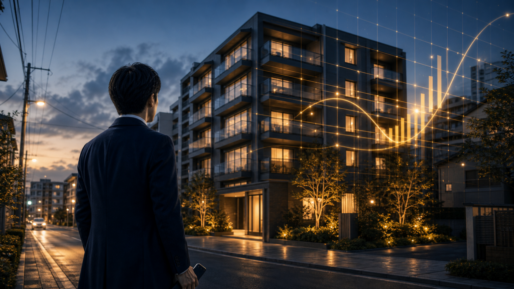 アイキャッチ: 夜の集合住宅を前に与信・金利・収支を確認する会社員の現地確認シーン