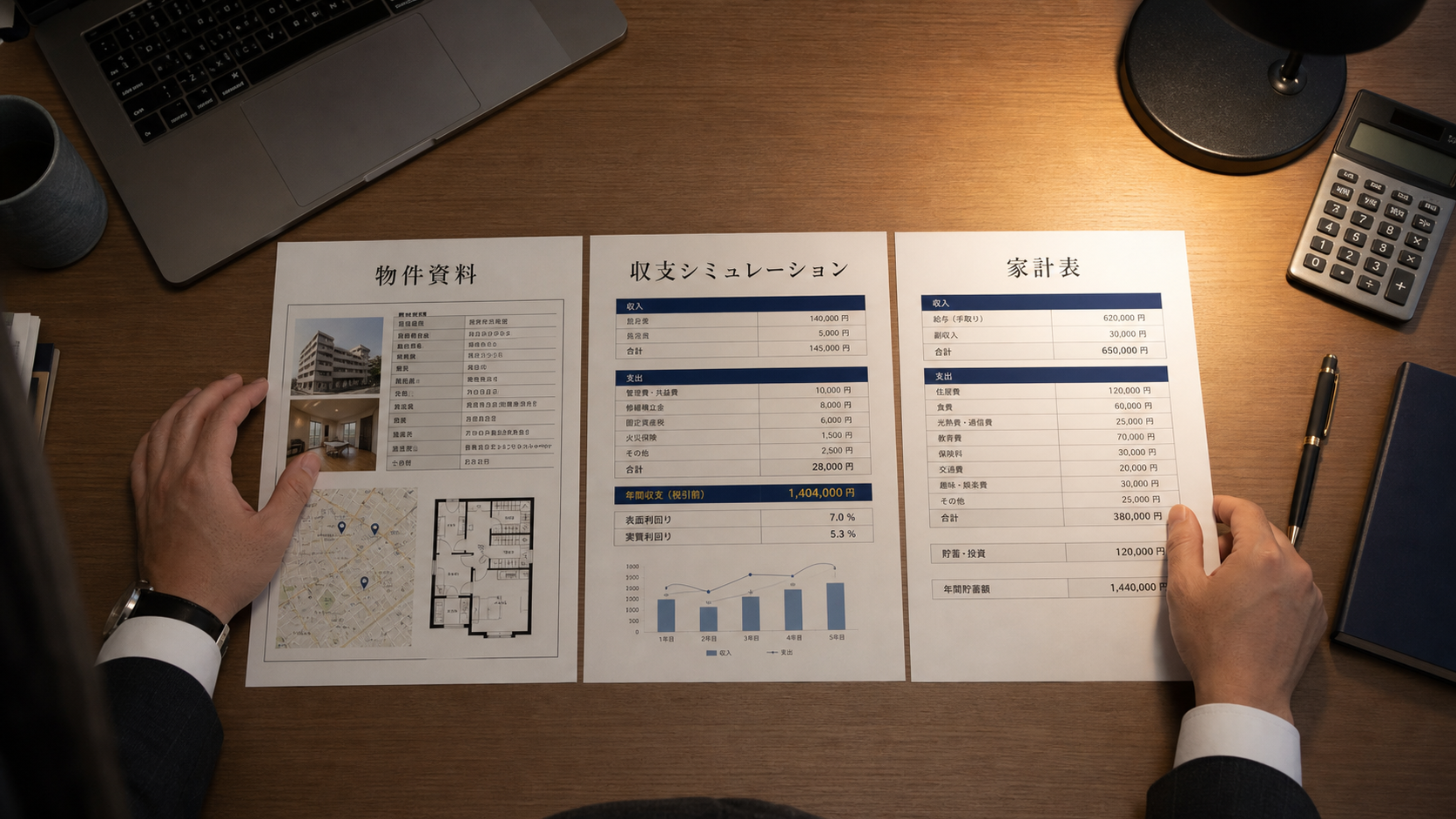アイキャッチ: 深夜、本業の資料の横で物件資料・収支シミュレーション・家計表を3枚並べて見比べる30代後半の会社員のデスク