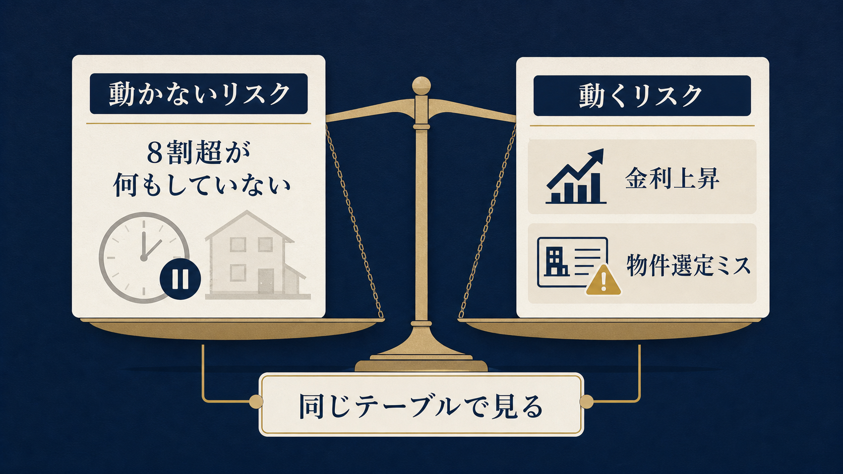 図解1: 「動かないリスク(8割が何もしていない)」と「動くリスク(金利上昇・物件選定ミス)」を天秤で対比した図解