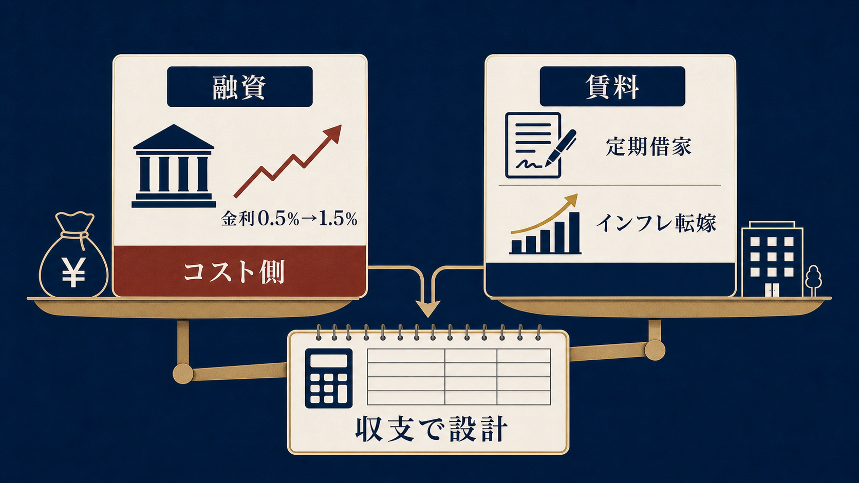 図解4: 左に「融資(金利0.5%→1.5%で総返済増)」、右に「賃料(定期借家でインフレ転嫁)」を並べ、中央で収支に合流するシーソー図