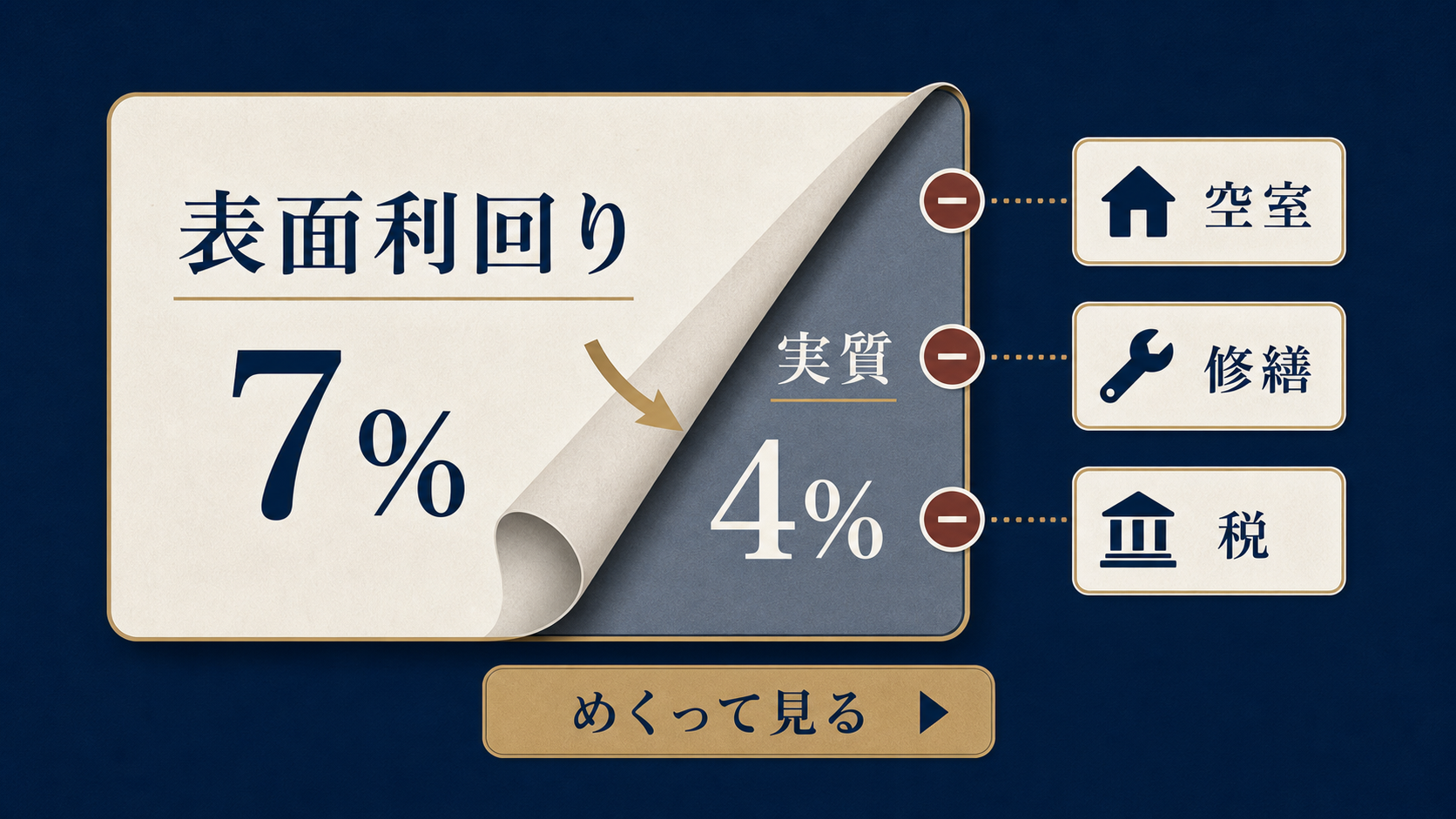 図解5: 「表面利回り7%」のカードをめくると「実質4%(空室・修繕・税)」が現れる対比カード