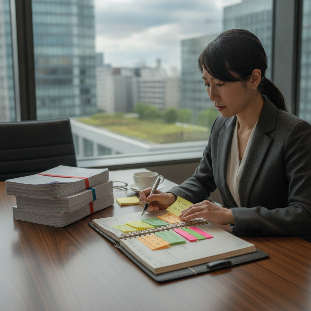 図解1: 「動かないリスク」と「準備不足で動くリスク」を天秤の両皿に乗せ、中央に5本の判断軸の物差しを置いた構図