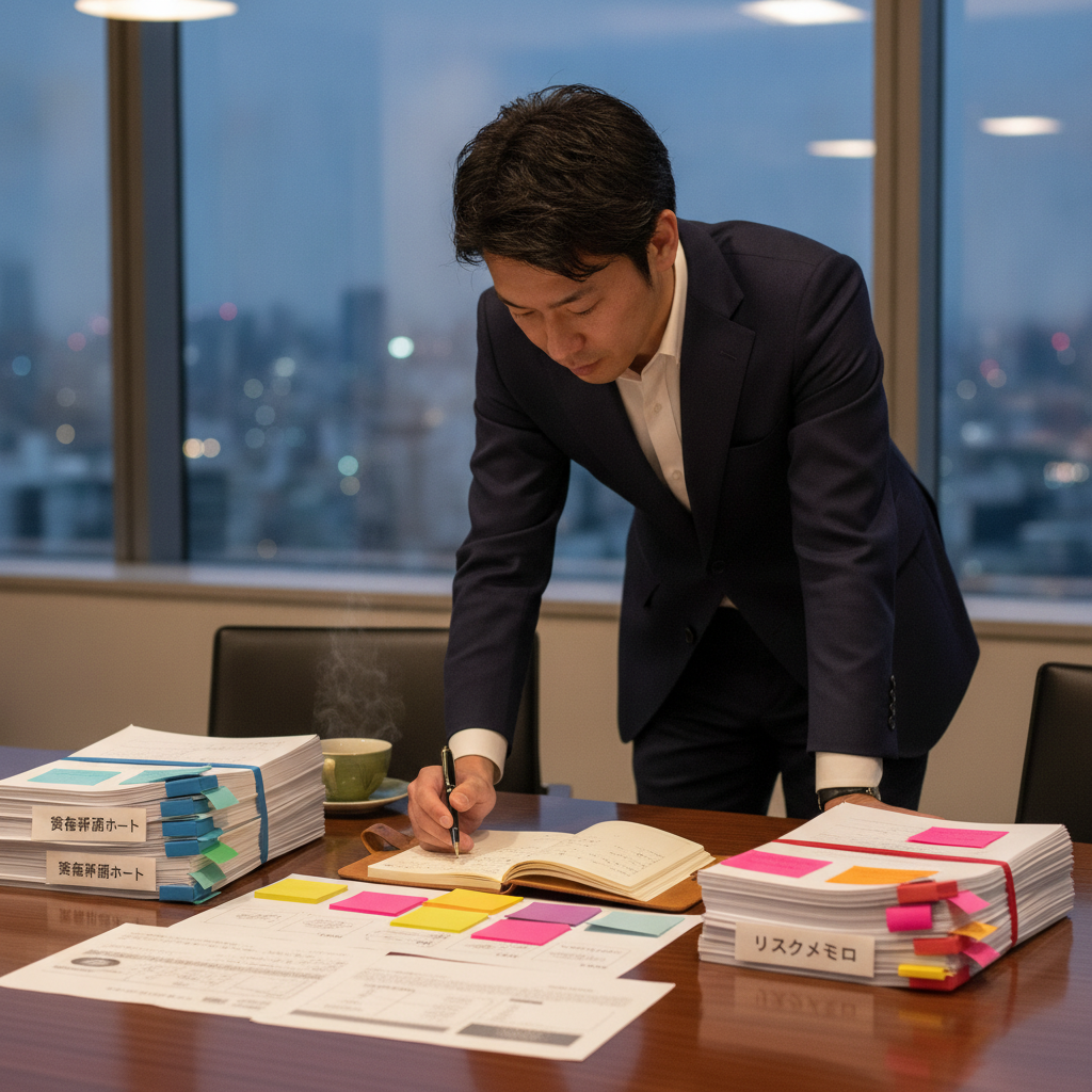 図解1: 「動かないリスク」と「準備不足で動くリスク」を天秤の両皿に乗せ、中央に5本の判断軸の物差しを置いた構図