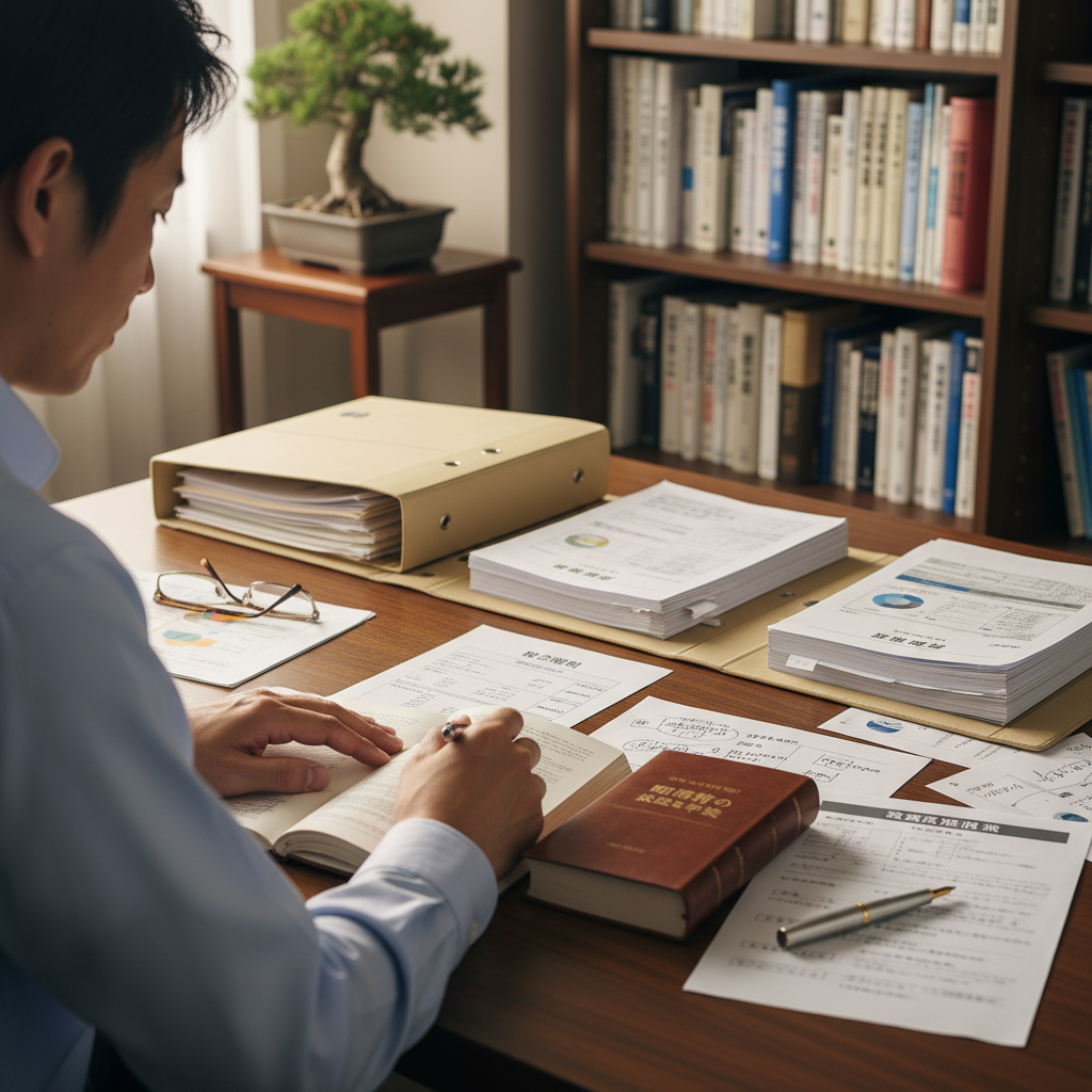 図解3: 金融機関の審査項目が一覧で並ぶ書類イメージ。年収・勤続年数・既存借入の欄にチェックが入っている
