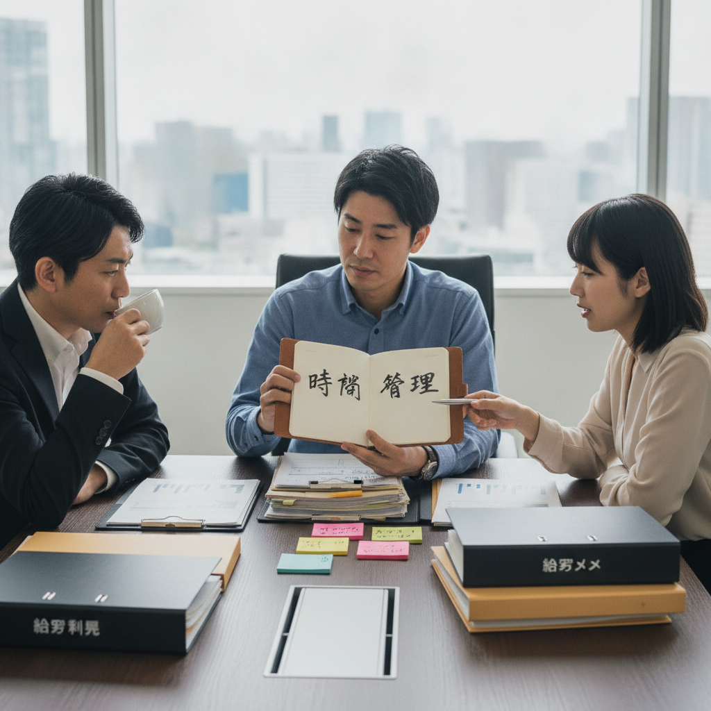 図解4: 3人のメンバーの属性と一手を並べた比較カード。年収・職種・選択を一目で見比べられる構図