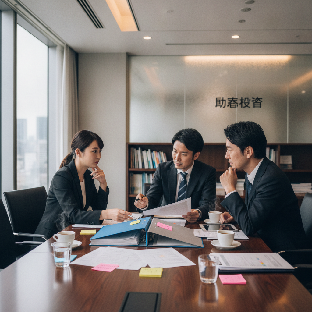 図解4: 3人のメンバーの「不動産軸」と「海外輸出軸」を2軸マップに配置し、スタート地点と現在地を矢印で結んだ図