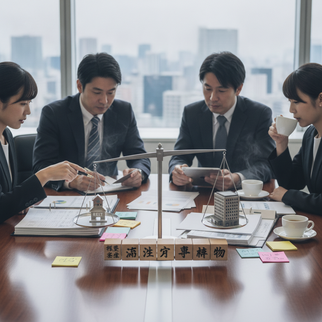 図解4: REIT(証券アイコン)と現物(建物アイコン)を天秤に載せ、下に「必要資金/流動性/与信/手間/インフレ耐性」の5つの支点