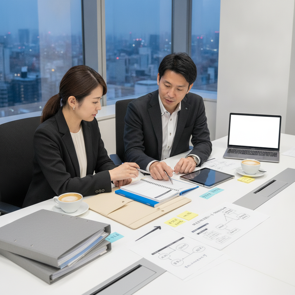 図解4: リターン・リスク・時間・本業への影響の4軸レーダーチャートで、「短期トレード型」と「長期積立+本業活用型」を重ねて比較した図