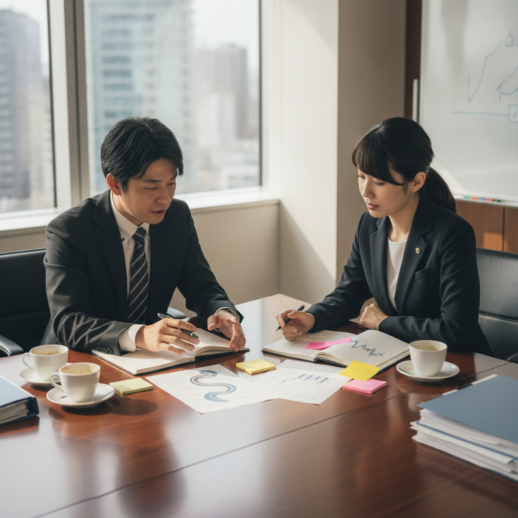 図解4: 転職・社内残留・収入源追加の3レーンを時間軸グラフで重ね、リターンの立ち上がりとリスクの分布を比較した図