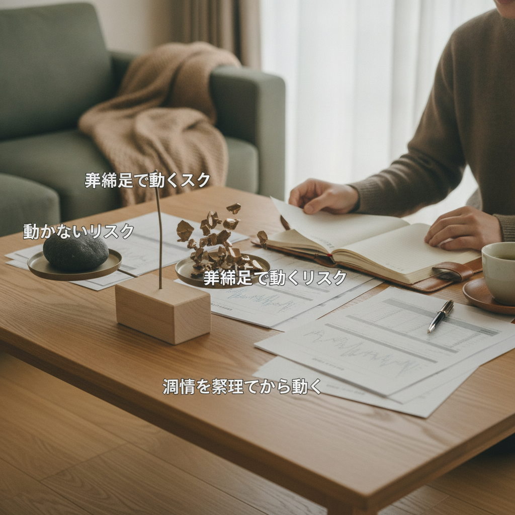 図解5: 「動かないリスク」と「準備不足で動くリスク」を天秤にかけた図。中央に"条件を整理してから動く"という支点を置く