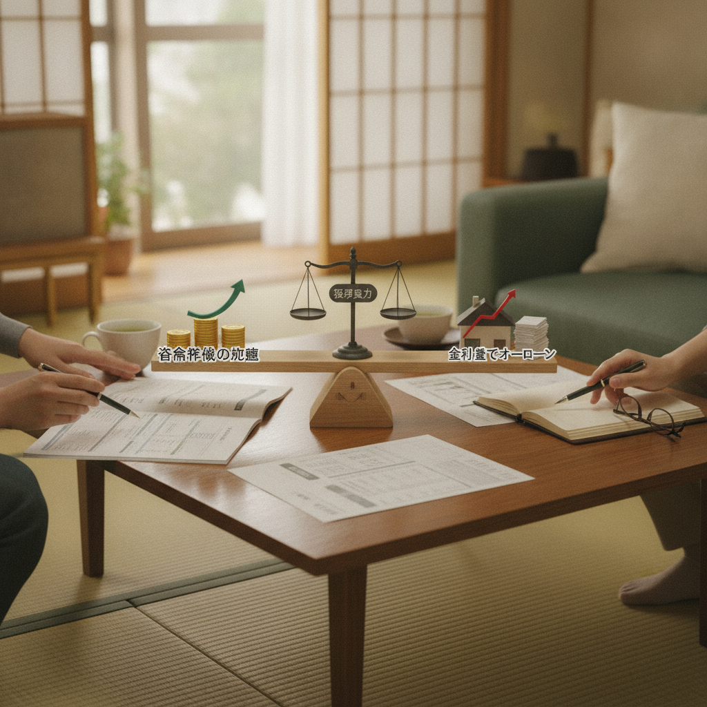 図解5: 「レバレッジ」のシーソー。片側に「資産形成の加速」、もう片側に「金利上昇でオーバーローン」。支点に「返済余力」