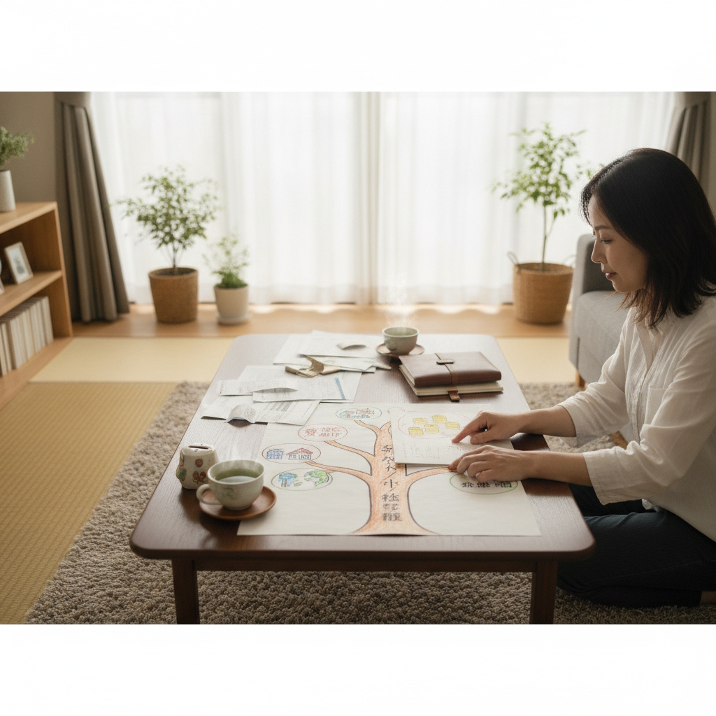 図解5: 本業（給与）を土台に、海外輸出・不動産・資本所得が枝のように伸びていく「収入の樹」のビジュアル